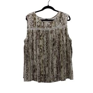 Tahari Blouse Womens XL Brown Animal Print Sleeveless Pleated Summer Earthy Boho